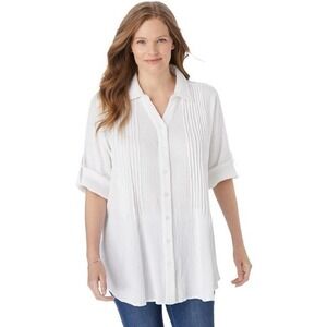 Woman Within Women 1X‎ Pleated Button Down Gauze White Shirt Casual Minimalist